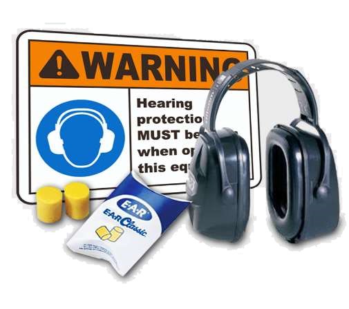 Warning sign with headphones icon and text "Hearing protection MUST be worn," next to black earmuffs and foam earplugs, emphasizing safety.