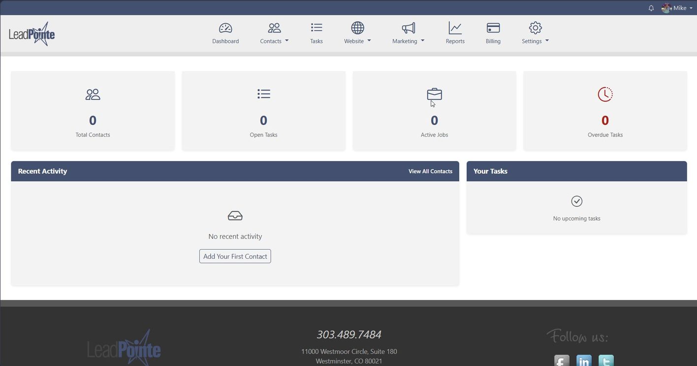 The LeadPointe dashboard: contacts, open tasks, active jobs, and recent activity in one screen