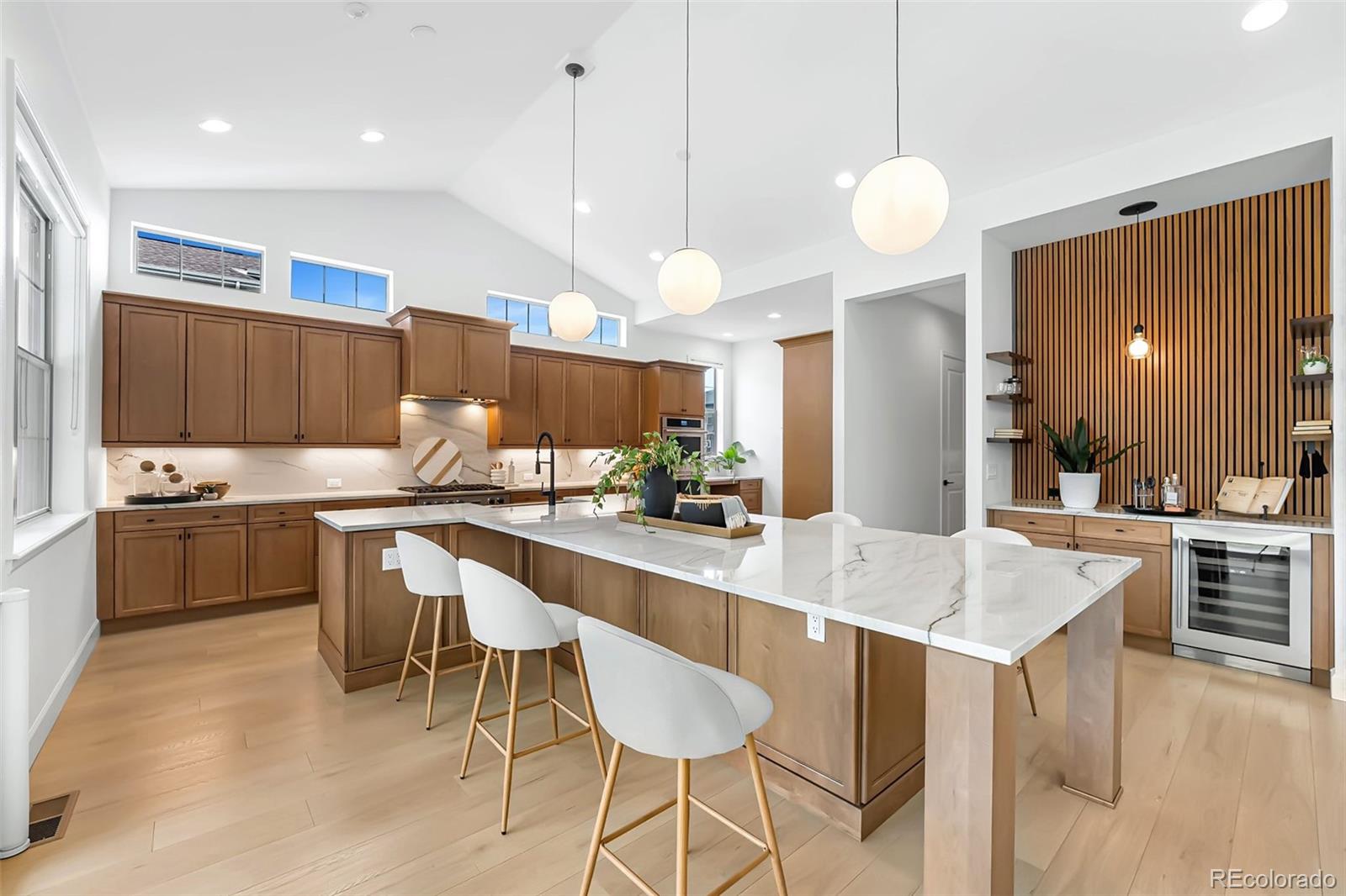 5 Latigo Place interior, Island seating & pendant lighting