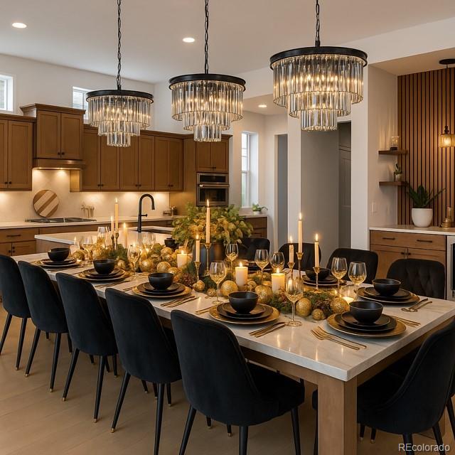 5 Latigo Place interior, Kitchen & dining with wood-slat accent wall