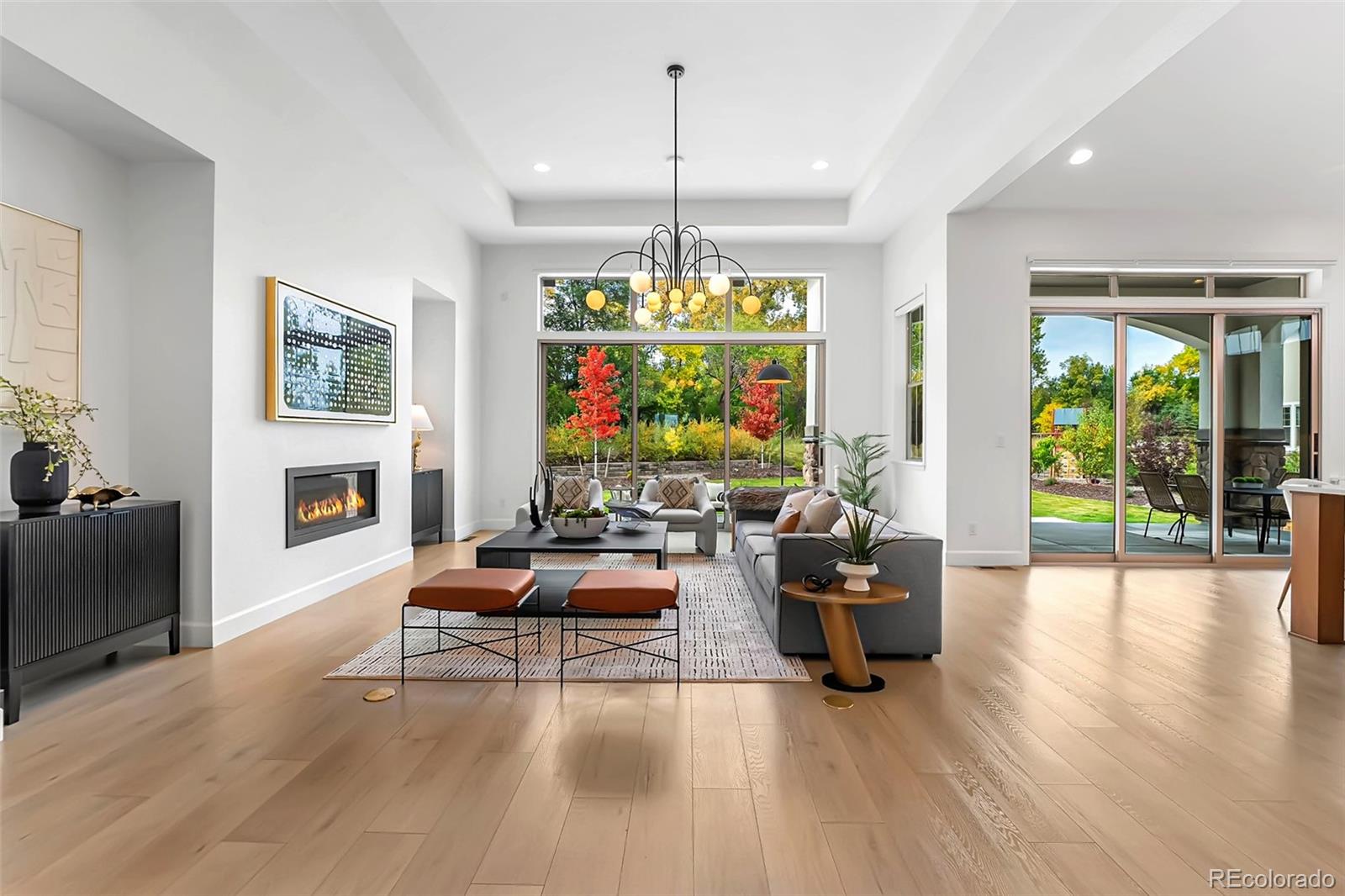 5 Latigo Place interior, Living & dining under the sputnik chandelier