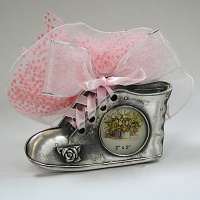 Pewter bootie with frame,  blue or pink ribbons