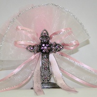 Pewter cross with  pink decoration