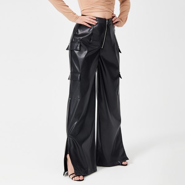 Fashion PU Trousers Metal Zipper Pocket Long Pants - Image 9