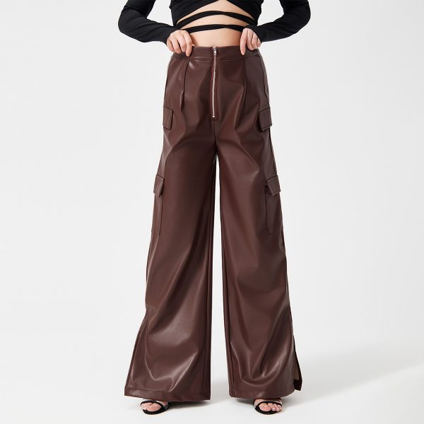 Fashion PU Trousers Metal Zipper Pocket Long Pants - Image 3