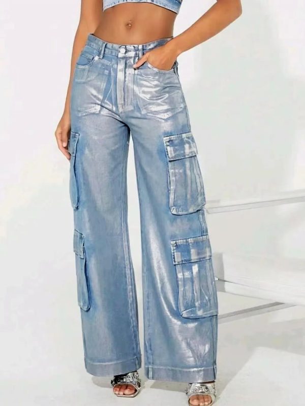 Fashion Hot Silver Craft Stretch Denim Multi-pocket Overalls - Image 5
