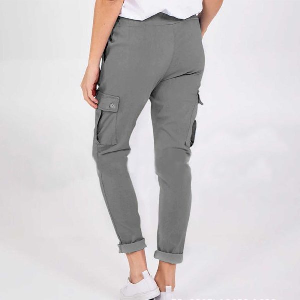 Casual Cargo Pants With Pockets Solid Color Drawstring Waist Pencil Trousers For Women - Image 3
