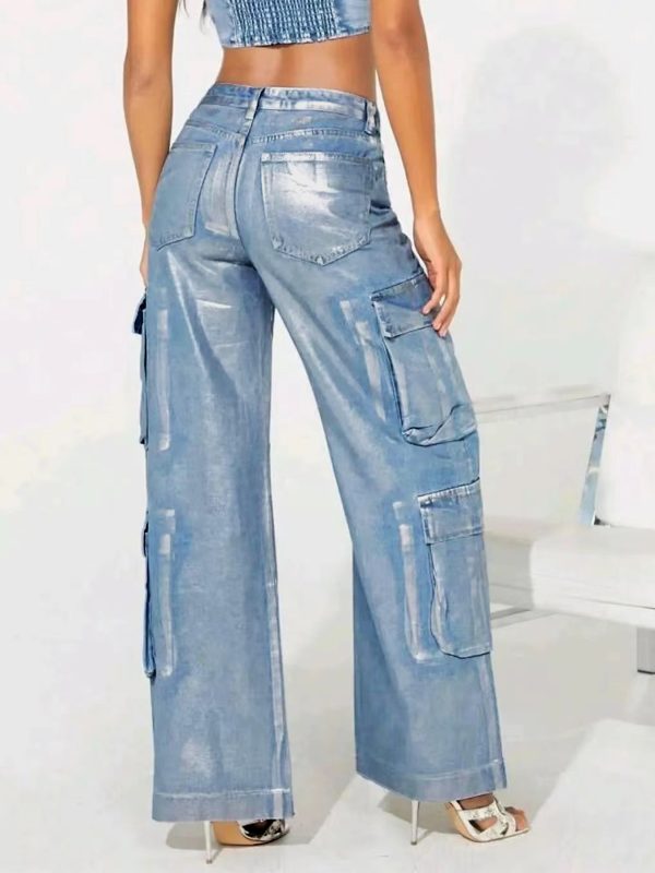 Fashion Hot Silver Craft Stretch Denim Multi-pocket Overalls - Image 4