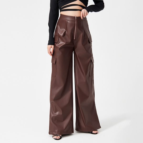 Fashion PU Trousers Metal Zipper Pocket Long Pants - Image 4