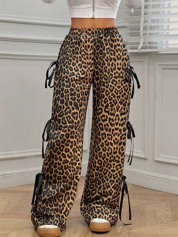 Elastic Waist Solid Color Bow Lace Up Casual Straight-leg Pants - Image 6