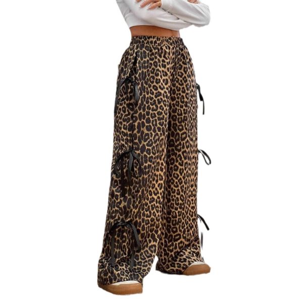 Elastic Waist Solid Color Bow Lace Up Casual Straight-leg Pants - Image 4