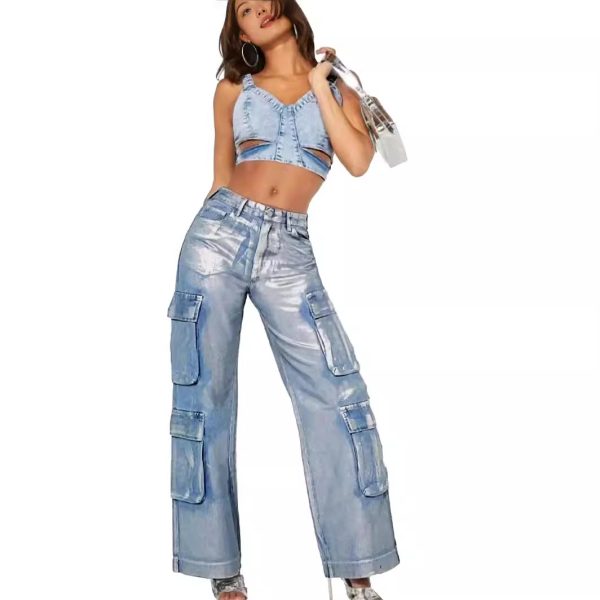 Fashion Hot Silver Craft Stretch Denim Multi-pocket Overalls - Image 2