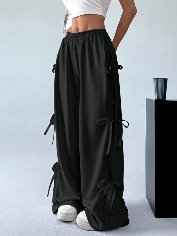 Elastic Waist Solid Color Bow Lace Up Casual Straight-leg Pants - Image 5
