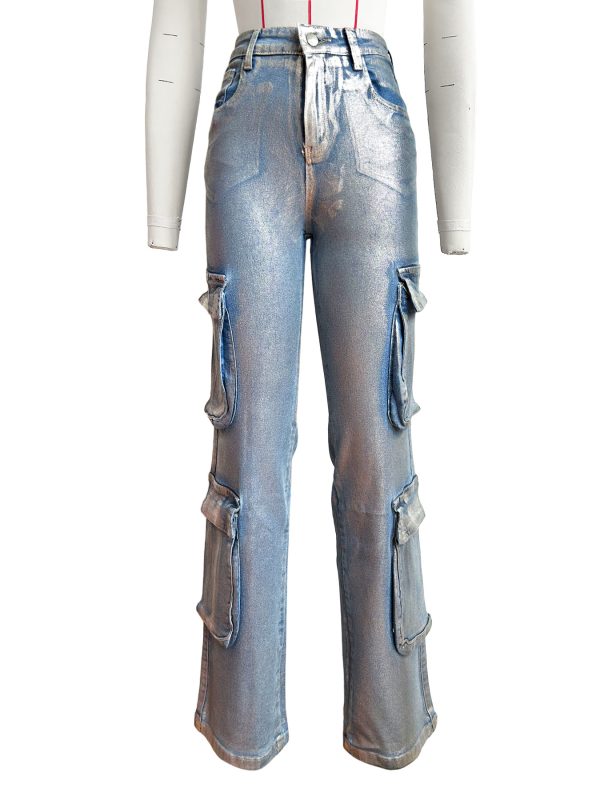 Fashion Hot Silver Craft Stretch Denim Multi-pocket Overalls - Image 3