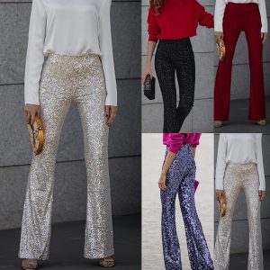 European And American Sequins Elastic Waist Slim Elastic Bell-bottom Pants