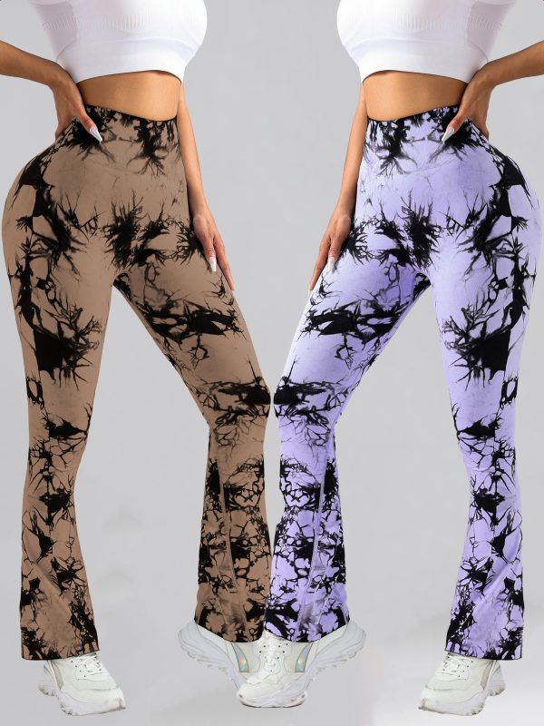 2 Pack Tie Dyed High Waisted Flared Butt-lifting Fitness Sports Women's Yoga Bell-bottom Pants, Workout Leggings For Women, Gym Scrunch Butt Butt Lifting Seamless Leggings - Image 6
