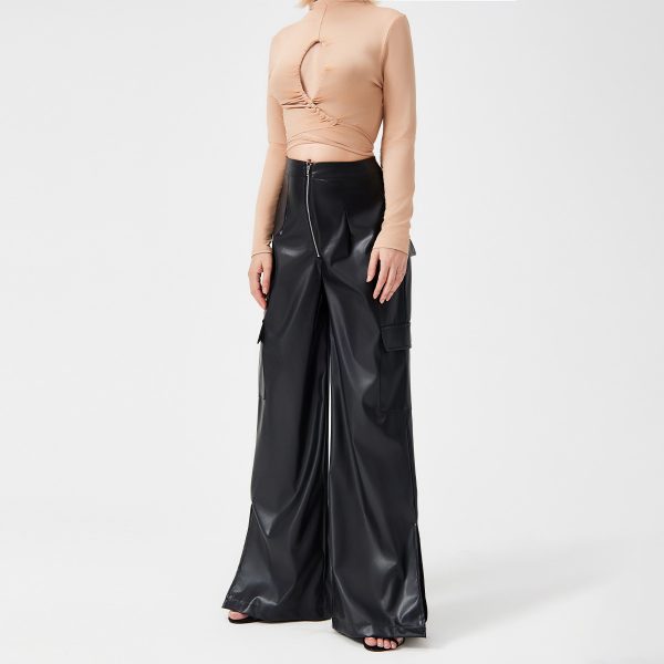 Fashion PU Trousers Metal Zipper Pocket Long Pants - Image 10