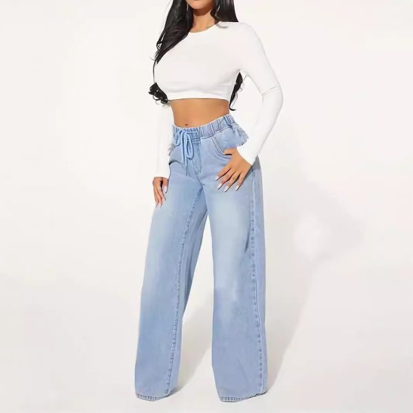 High Waist Drawstring Loose Wide Leg Light Blue Jeans - Image 2