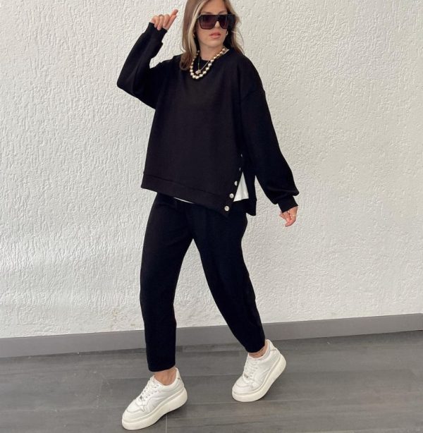 Metal Button Long Sleeve Shirt Sports Casual Ankle Banded Pants Suit