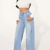 High Waist Drawstring Loose Wide Leg Light Blue Jeans - Image 6