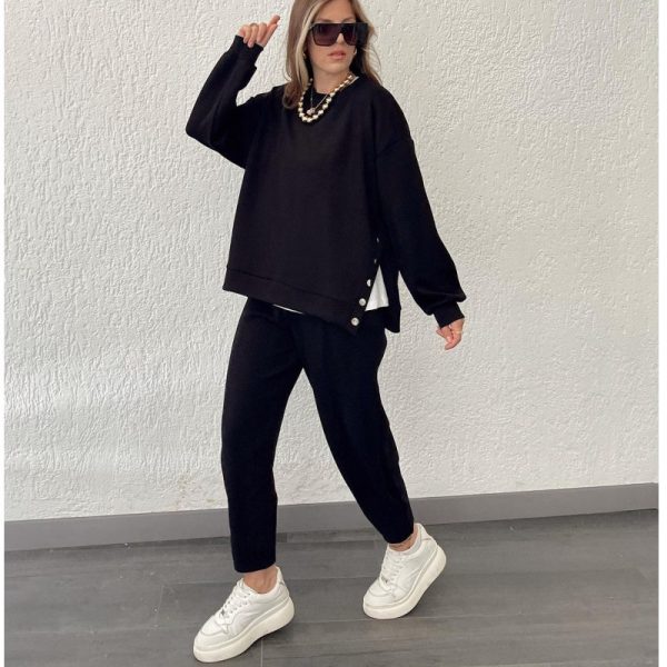 Metal Button Long Sleeve Shirt Sports Casual Ankle Banded Pants Suit - Image 3
