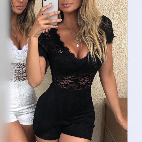 Summer New V-neck Sexy Hollow-out Slim Lace Women's Jumpsuit - Image 3
