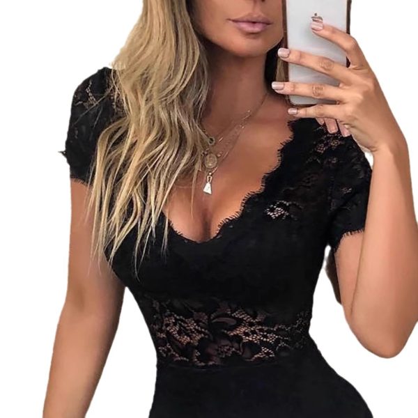 Summer New V-neck Sexy Hollow-out Slim Lace Women's Jumpsuit - Image 5