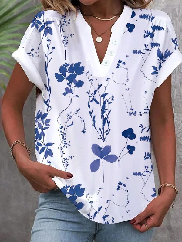 Summer Simple Leisure Solid Color And V-neck Short-sleeved Shirt For Women - Image 2