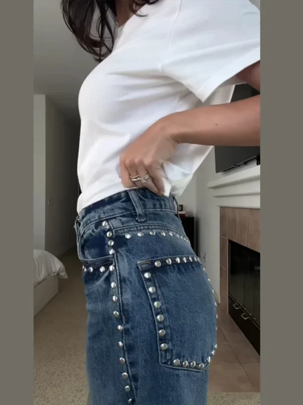 Chic Metal Rivet Women Denim Pants High Waist Straight Baggy Wide Leg Jeans Trousers Dragging Elegant Street Wear Casual Pant - Image 4