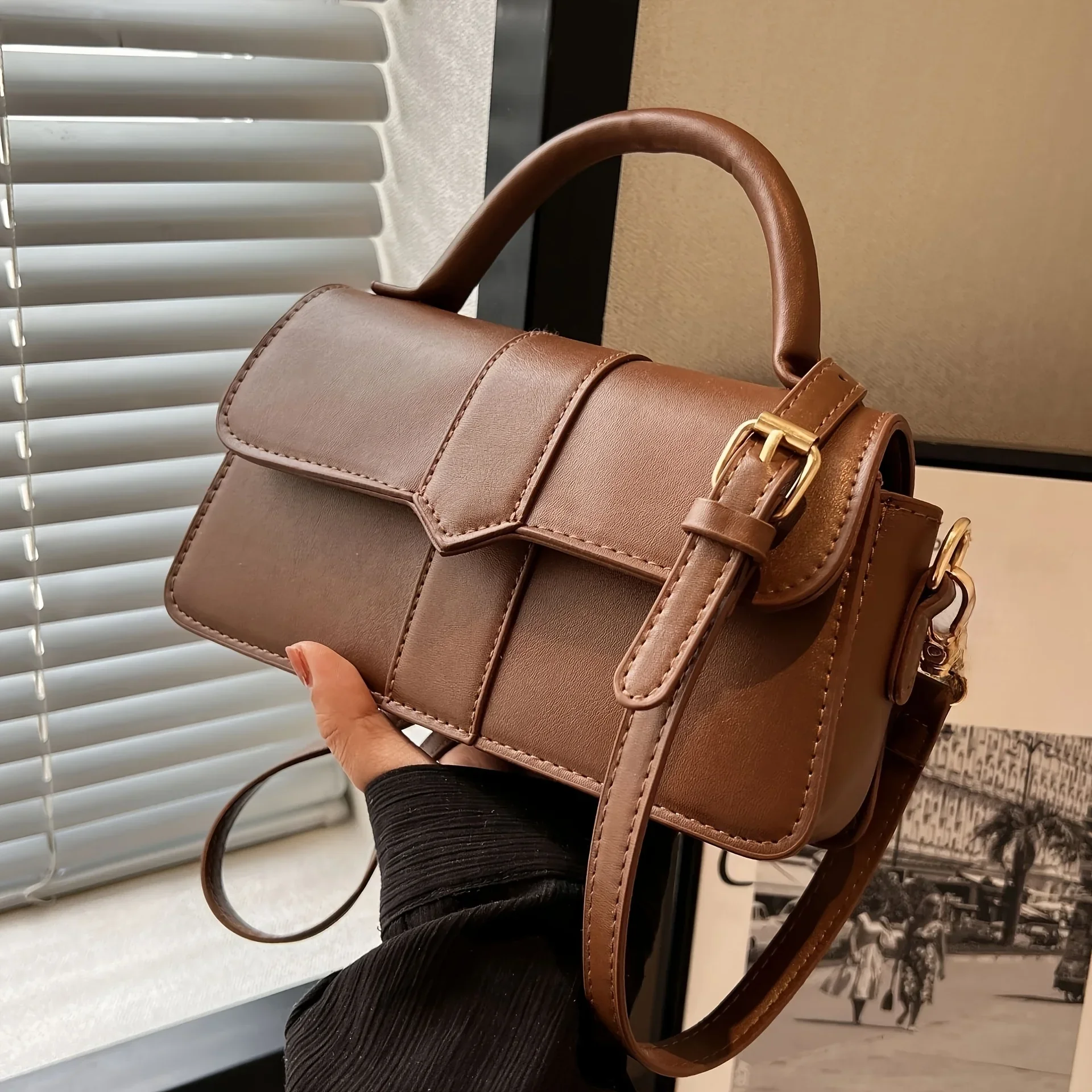 Women Vintage Solid Color Flap Small Saddle Shoulder Underarm Bag Fashion PU Leather Wide Strap Crossbody Bag
