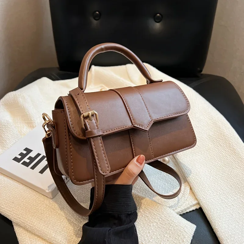 Women Vintage Solid Color Flap Small Saddle Shoulder Underarm Bag Fashion PU Leather Wide Strap Crossbody Bag - Image 2