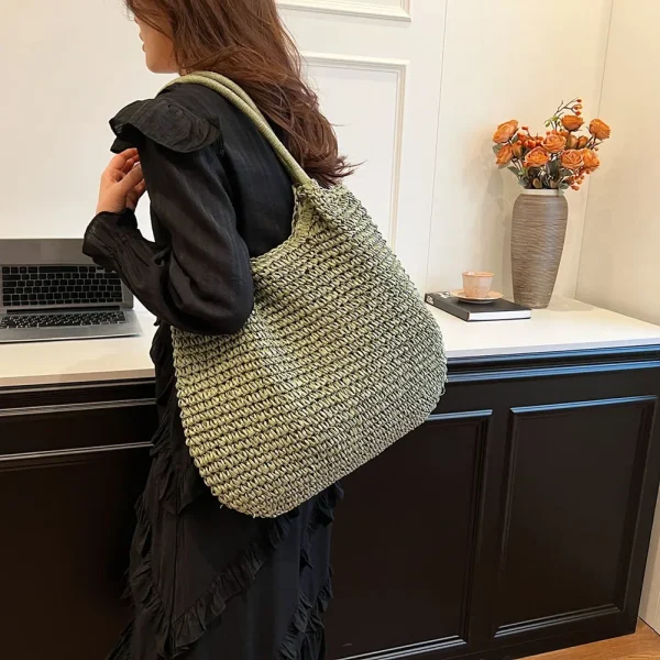 Women Straw Tote Handbag Large Capacity Vintage Shoulder Bag Solid Color Crochet Beach Handbag Ladies Summer Daily Bag - Image 4