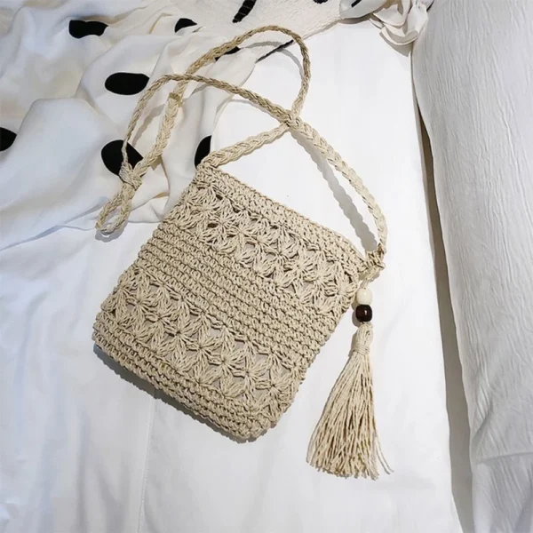 Women Beach Woven Straw Shoulder Messenger Bag with Tassel Boho Hollow Out Crochet Crossbody Handbag Macrame Purse - Image 4