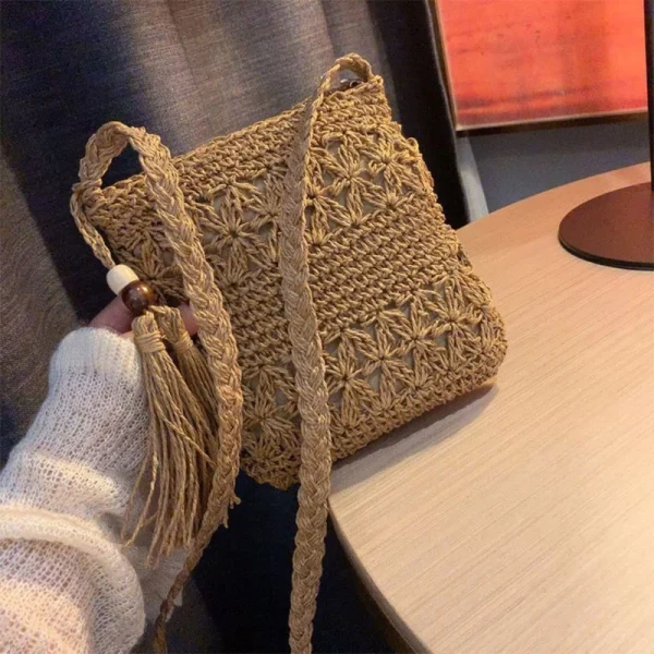Women Beach Woven Straw Shoulder Messenger Bag with Tassel Boho Hollow Out Crochet Crossbody Handbag Macrame Purse - Image 5