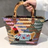 Stripe Dachshund Bamboo Handle Woven Handbag,Summer Beach Vacation Travel Tote Bag,Large Capacity Shopper Boho Market Basket - Image 3