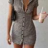 Fashion Simple Plaid Elegant Causal Women Dresses Trendy Chic Button Slim Fit Mini Frock