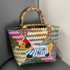 Stripe Dachshund Bamboo Handle Woven Handbag,Summer Beach Vacation Travel Tote Bag,Large Capacity Shopper Boho Market Basket
