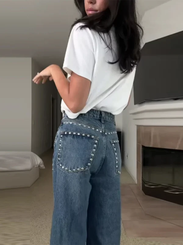Chic Metal Rivet Women Denim Pants High Waist Straight Baggy Wide Leg Jeans Trousers Dragging Elegant Street Wear Casual Pant - Image 3
