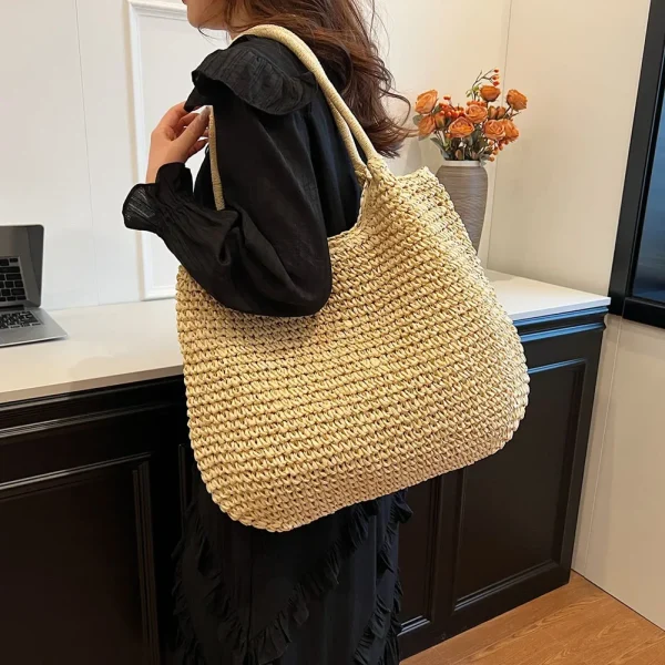 Women Straw Tote Handbag Large Capacity Vintage Shoulder Bag Solid Color Crochet Beach Handbag Ladies Summer Daily Bag - Image 3