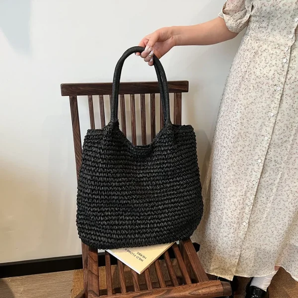 Women Straw Tote Handbag Large Capacity Vintage Shoulder Bag Solid Color Crochet Beach Handbag Ladies Summer Daily Bag - Image 6