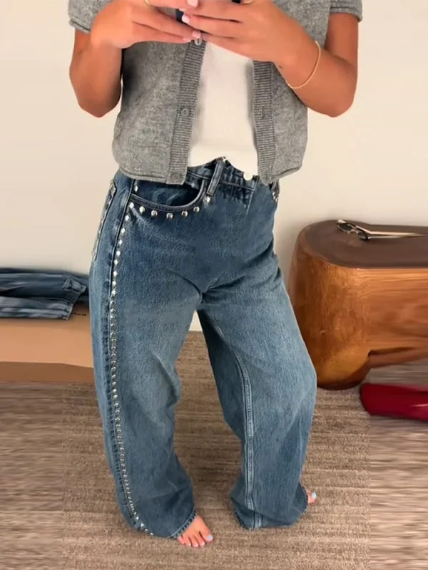 Chic Metal Rivet Women Denim Pants High Waist Straight Baggy Wide Leg Jeans Trousers Dragging Elegant Street Wear Casual Pant