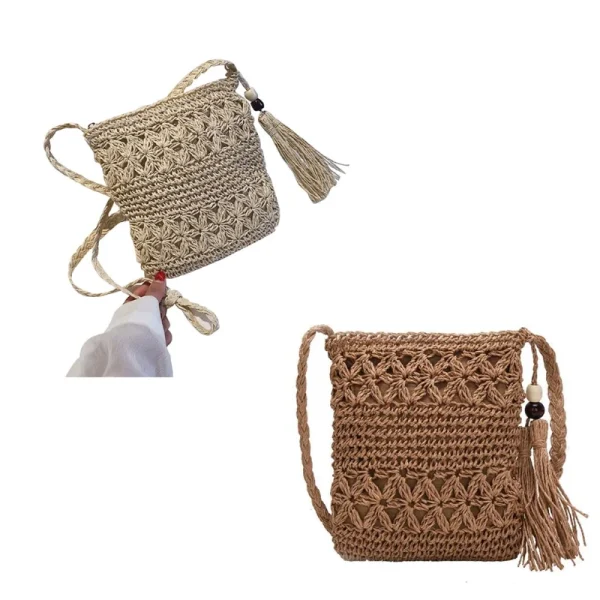 Women Beach Woven Straw Shoulder Messenger Bag with Tassel Boho Hollow Out Crochet Crossbody Handbag Macrame Purse - Image 2