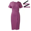 2025 Elegant Office Women's Professional Commuting Dress Short Sleeved V-Neck Waistband Solid Color Commuting Pencil Dress - Image 4