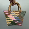 Stripe Dachshund Bamboo Handle Woven Handbag,Summer Beach Vacation Travel Tote Bag,Large Capacity Shopper Boho Market Basket - Image 5