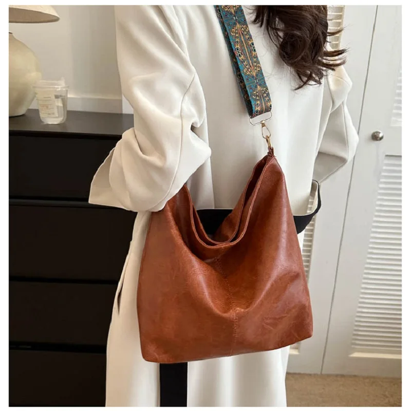 PU Leather Vintage Solid Color Women Fashion Shoulder Bag large Capacity Wide Strap Bucket tote Bags handbag for women - Image 6
