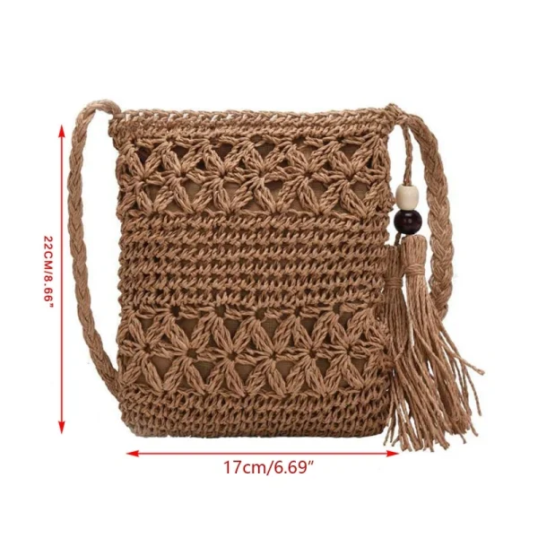 Women Beach Woven Straw Shoulder Messenger Bag with Tassel Boho Hollow Out Crochet Crossbody Handbag Macrame Purse - Image 6