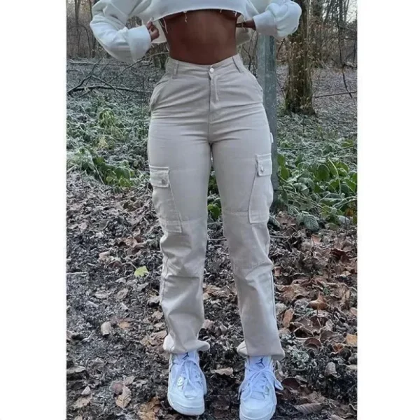 2025 New High Elasticity Solid Color Casual Multi Pocket Workwear Fashion Trend Versatile Lifting Hip Long Jeans for Women - Image 2