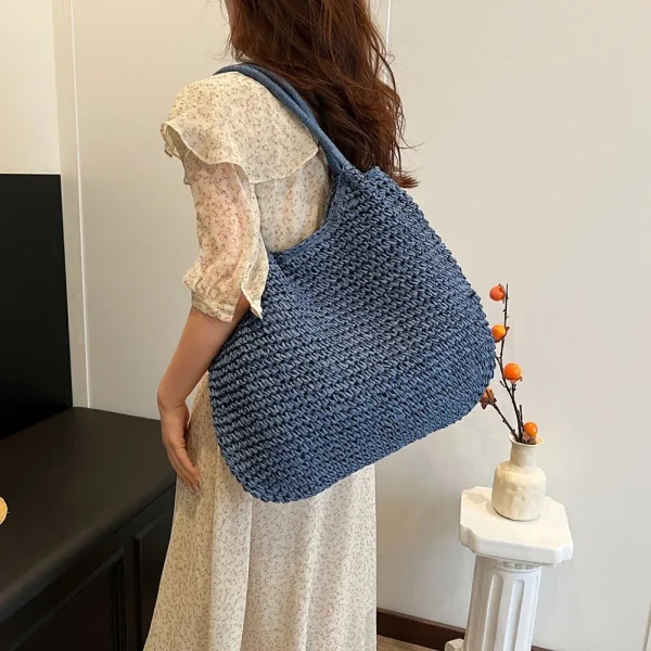Women Straw Tote Handbag Large Capacity Vintage Shoulder Bag Solid Color Crochet Beach Handbag Ladies Summer Daily Bag - Image 5