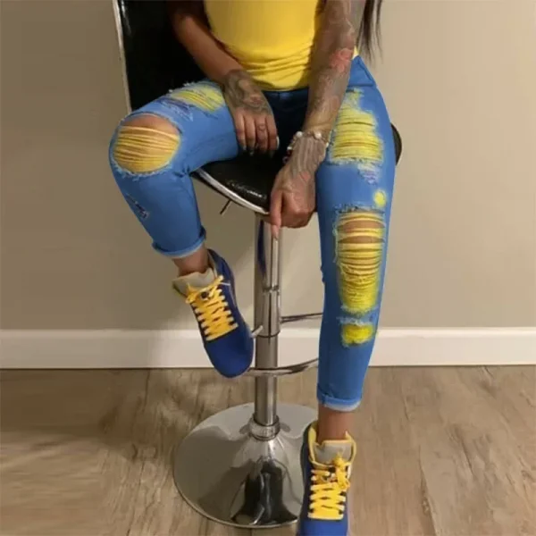 2025 New Ripped Jeans For Women Yellow Scratch Denim Pencil Pants High Waisted Stretch Skinny Hollow Out Sexy Female Mujer - Image 4