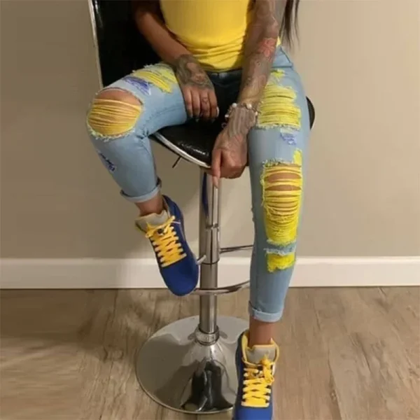 2025 New Ripped Jeans For Women Yellow Scratch Denim Pencil Pants High Waisted Stretch Skinny Hollow Out Sexy Female Mujer - Image 3